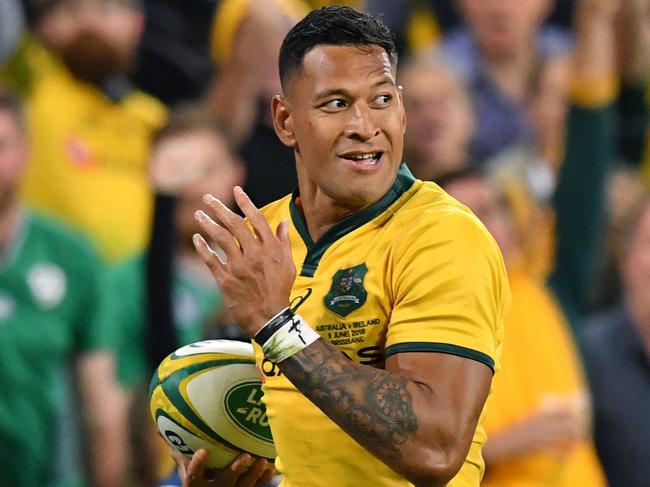 Israel Folau of the Wallabies in action during the First Test between Australia and Ireland at Suncorp Stadium in Brisbane, Saturday, June 9, 2018. (AAP Image/Darren England) NO ARCHIVING, EDITORIAL USE ONLY