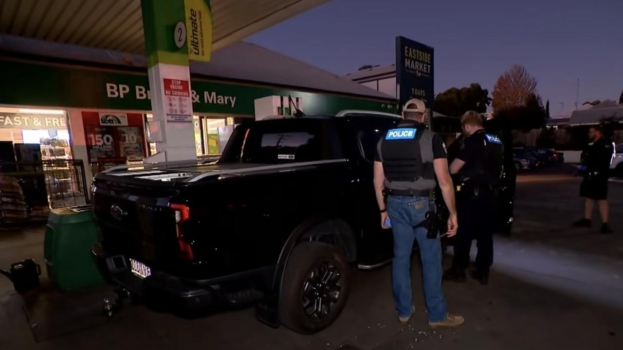 Police check out the allegedly stolen Ford Ranger involved in a chase from Brisbane suburbs to the Darling Downs. Photo: 9 News.