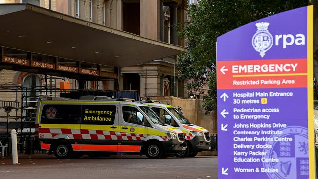 NSW Ambulances park at the Emergency wing of the Royal Prince Alfred (RPA) hospital in Sydney. Picture: NCA NewsWire/Bianca De Marchi