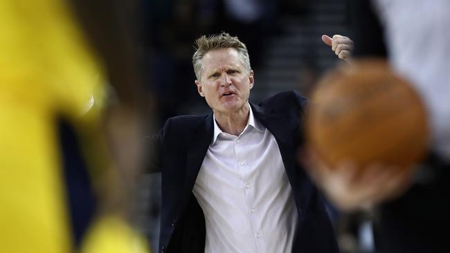 Head coach Steve Kerr of the Golden State Warriors complains about a call.