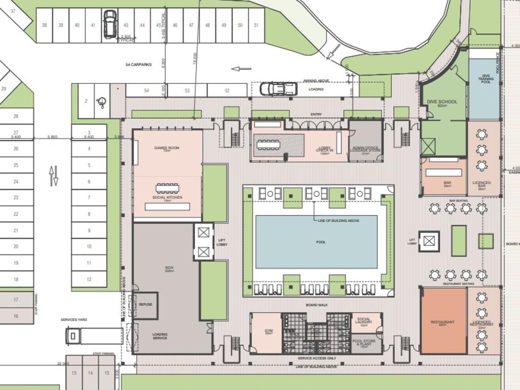 Meridien has received preliminary approval from Whitsunday Regional Council for its four-storey resort complex at 18 Port Dr in the Port of Airlie in Airlie Beach. Pictured is the ground floor featuring two pools plus shared guest spaces. Picture: Documents submitted to Whitsunday Regional Council