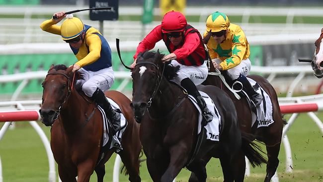 Tropical Squall (red and black silks) was purchased by Yulong and will race in different colours when she resumes in the Group 1 Winx Stakes on Saturday. Picture: Jeremy Ng/Getty Images