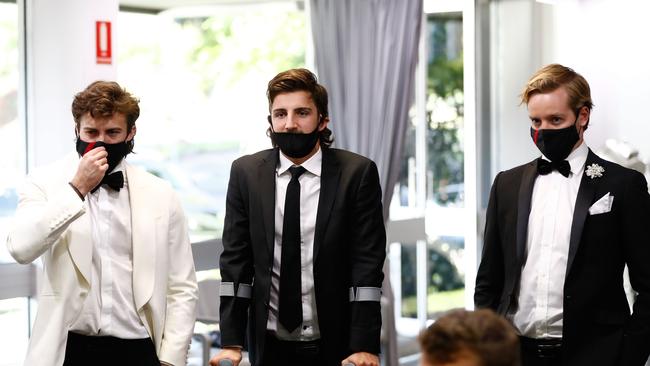 Andrew McGrath of the Bombers, Josh Daicos of the Magpies and Darcy Parish of the Bombers at NEP Studios, Southbank on Sunday night. Picture: Getty