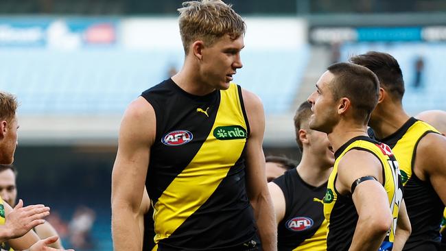 MELBOURNE, AUSTRALIA - MARCH 31: Tom Lynch of the Tigers (left) and Jayden Short of the Tigers chat afte the 2024 AFL Round 03 match between the Richmond Tigers and the Sydney Swans at the Melbourne Cricket Ground on March 31, 2024 in Melbourne, Australia. (Photo by Michael Willson/AFL Photos via Getty Images)