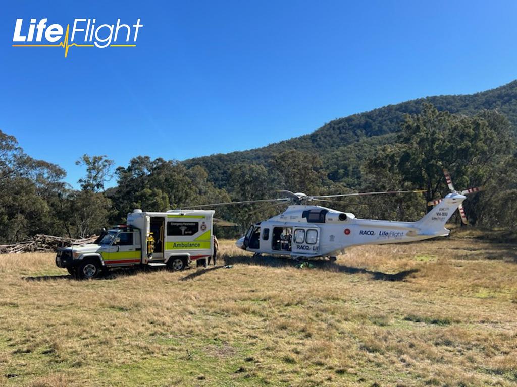 A Southern Downs man in his 30s was flown via LifeFlight SGAS to Princess Alexandra Hospital after falling off his motorcycle on a private property off the Cunningham Highway on Saturday. Photo: LifeFlight media