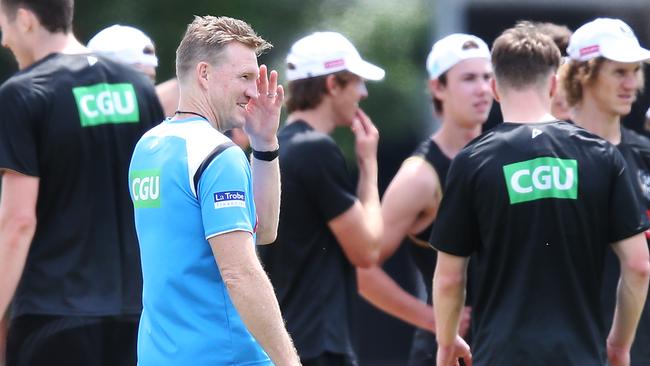 Nathan Buckley has returned from a holiday in Italy to keep an eye on his players.