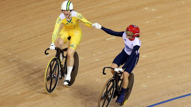 Anna Meares and Victoria Pendleton share a moment after their duel in London.