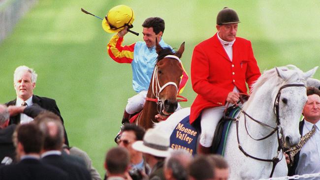 Sunline and Greg Childs return to scale after the 1999 Cox Plate. Picture: Bruce Magilton