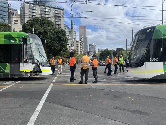 Two trams have collided at the corner of Victoria St and Nicholson St in East Melbourne. Picture: Erin Constable