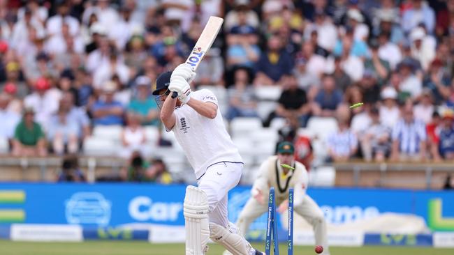 Jonny Bairstow chops onto his stumps as England's run chase gets the wobbles. Picture: Getty