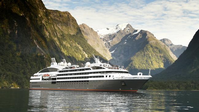 A Ponant cruise ship in Milford Sound in New Zealand.