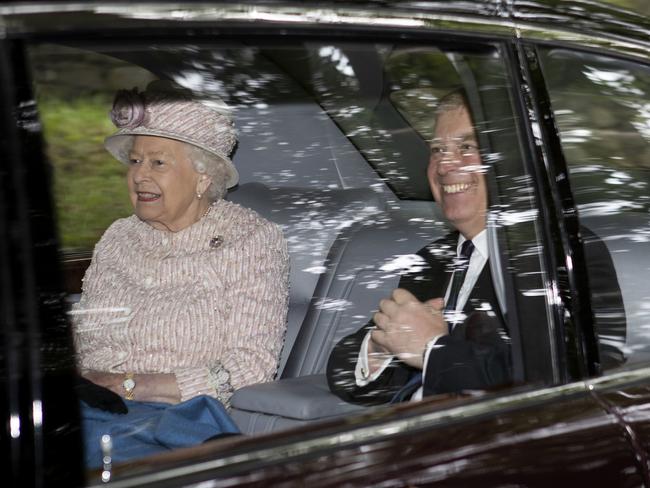 Queen Elizabeth II and Prince Andrew leave Crathie Kirk after a Sunday morning church service, in Crathie, Scotland. Picture: AP