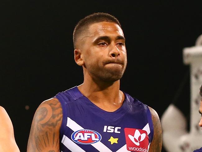 PERTH, AUSTRALIA - MARCH 26: Shane Kersten and Bradley Hill of the Dockers walk from the field after being defeated during the round one AFL match between the Fremantle Dockers and the Geelong Cats at Domain Stadium on March 26, 2017 in Perth, Australia.  (Photo by Paul Kane/Getty Images)