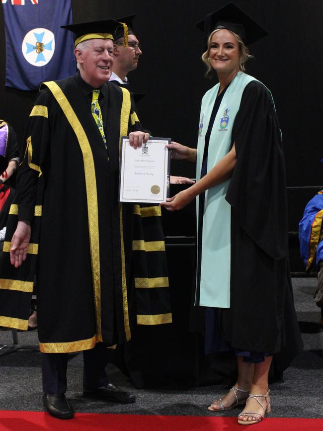 Linda Roussos graduated with a Bachelor of Nursing at the CQUniversity graduation ceremony in Bundaberg on December 14, 2023.