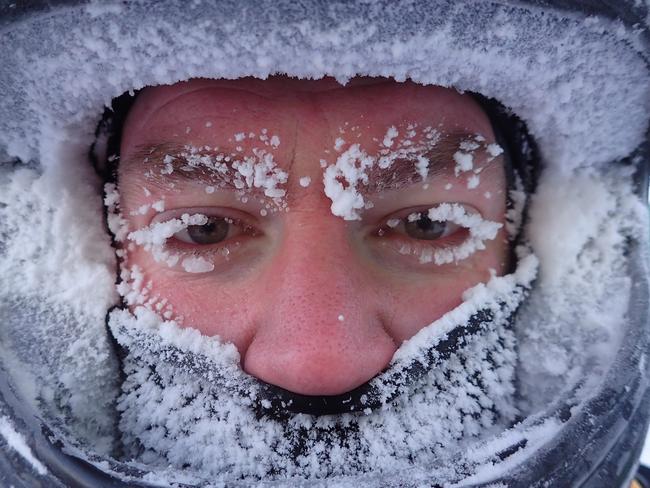 Brendan Hopkins in the field in Antarctica, where the temperature was minus 37 degrees — minus 48 degrees with the windchill factor. Picture: Jan Wallace /Australian Antarctic Division