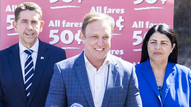 Deputy Premier Cameron Dick, Premier Steven Miles and Minister Grace Grace at Bowen Hills Train Station on Monday. Picture: Richard Walker