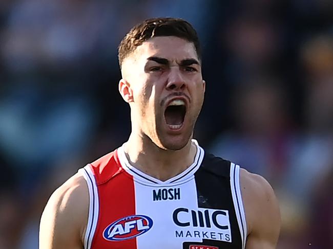 BRISBANE, AUSTRALIA - AUGUST 26: Jade Gresham of the Saints celebrates kicking a goal during the round 24 AFL match between the Brisbane Lions and St Kilda Saints at The Gabba, on August 26, 2023, in Brisbane, Australia. (Photo by Albert Perez/AFL Photos via Getty Images)