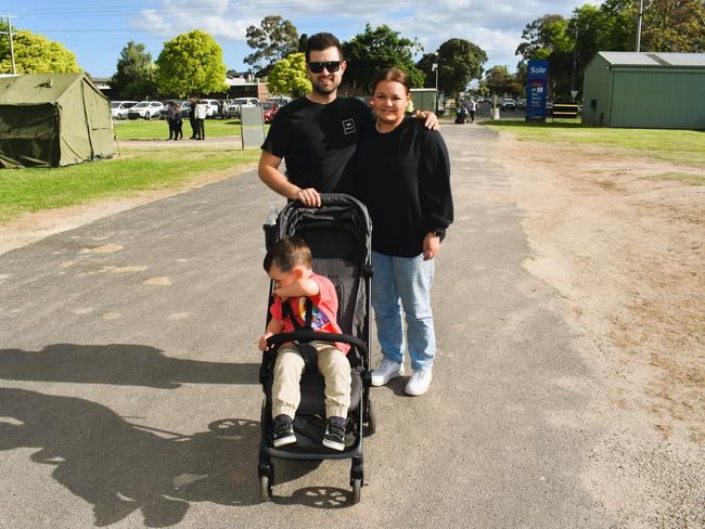 Attendees enjoying the 159th Sale Agricultural Show at the Sale Showgrounds on Friday, November 01, 2024: Hayden Matthews, Ryker and Maddy Blake. Picture: Jack Colantuono