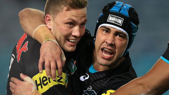 Matt Moylan celebrates his try with Jamie Soward during the Canterbury Bulldogs v Penrith Panthers NRL round 21 game at ANZ Stadium, Homebush. pic Mark Evans