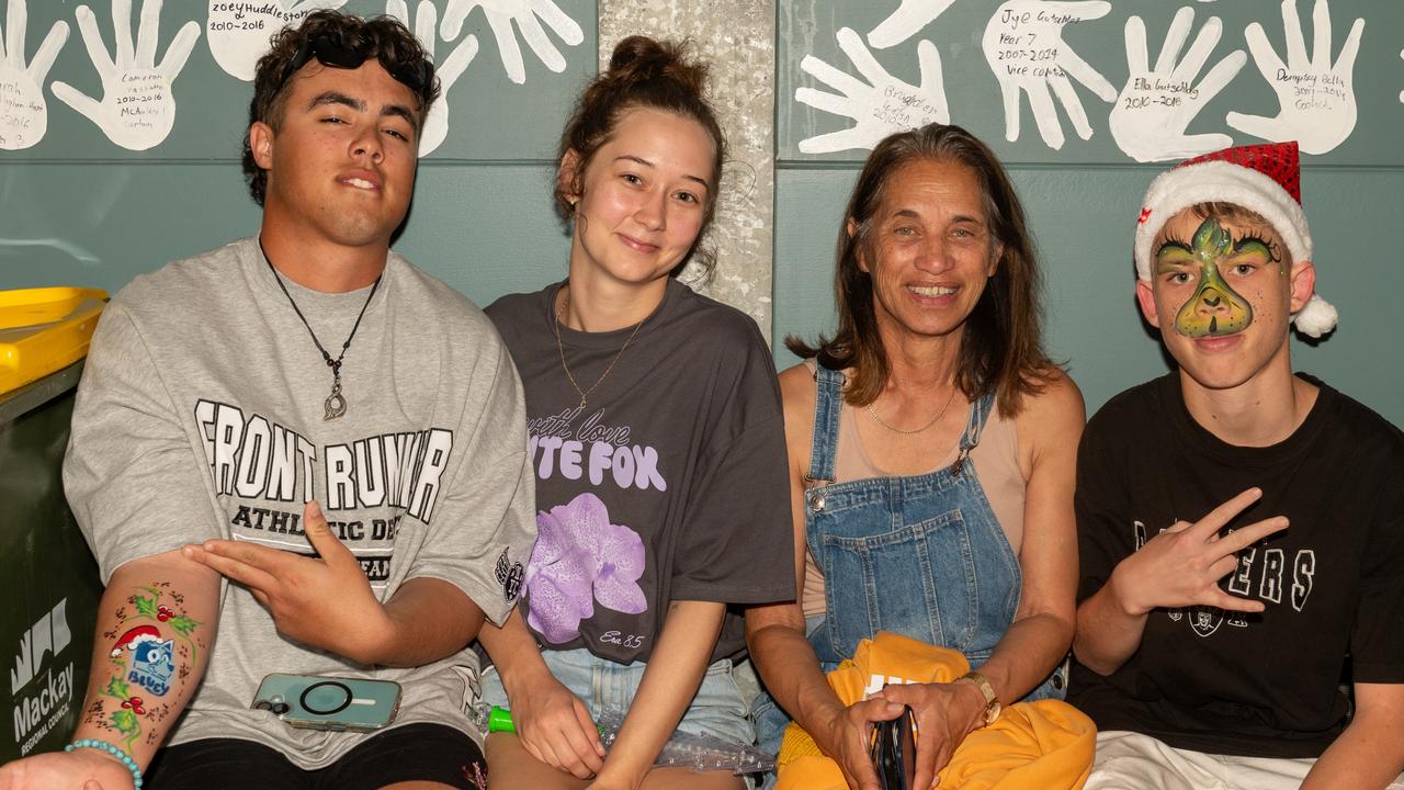 Daemon Burgess, Chloe Matton, Missy and Cruz Burgess at Christmas Carols Hosted by Sarina Surf Lifesaving Club Saturday 21 December 2024 Picture:Michaela Harlow