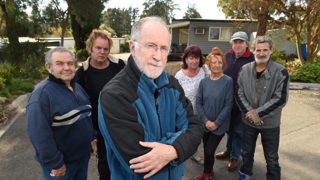 Wantirna Caravan Park residents Con Constantinidis, David Filliponi, Peter Gray, Judy Kiraly, Stephanie Templeton, John Gordon and Phil Cocking are calling for compensation from the State Government. Picture: Chris Eastman