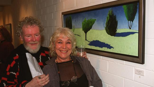 Deane O'Brien with the late Diana Keir at opening of the Shadowland exhibition by artist Celia Mede in the Seas Gallery.