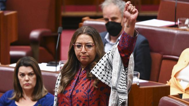 Mehreen Faruqi leads a walk-out of Greens senators in November last year. Picture: NCA NewsWire/Martin Ollman