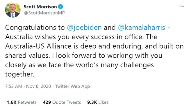 Scott Morrison reacts to Joe Biden's US Election win on Twitter.