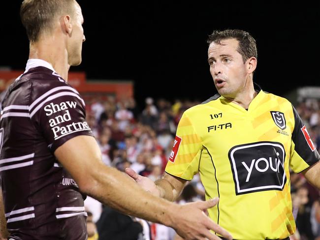 WOLLONGONG, AUSTRALIA - APRIL 20: Daly Cherry-Evans of the Sea Eagles shows his frustration as he speaks to referee Dave Munro after the final whistle during the round 6 NRL match between the Dragons and the Sea Eagles at WIN Stadium on April 20, 2019 in Wollongong, Australia. (Photo by Mark Kolbe/Getty Images)