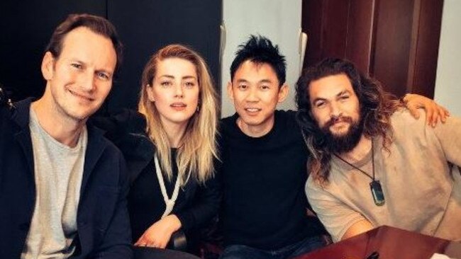 Aquaman cast members (from left) Patrick Wilson, Amber Heard, James Wan (director) and Jason Momoa. Picture: Instagram.