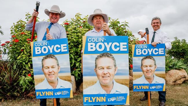 Barnaby Joyce, left, Flynn LNP candidate Colin Boyce and Minister for Regional Health David Gillespie hammer their message home in Gladstone. Picture: Brad Hunter