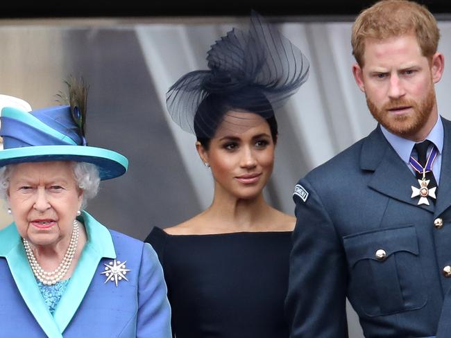 Queen Elizabeth II, Prince Harry, Duke of Sussex and Meghan, Duchess of Sussex. The couple’s last remaining possessions have been removed from Frogmore Cottage. Picture: Getty Images