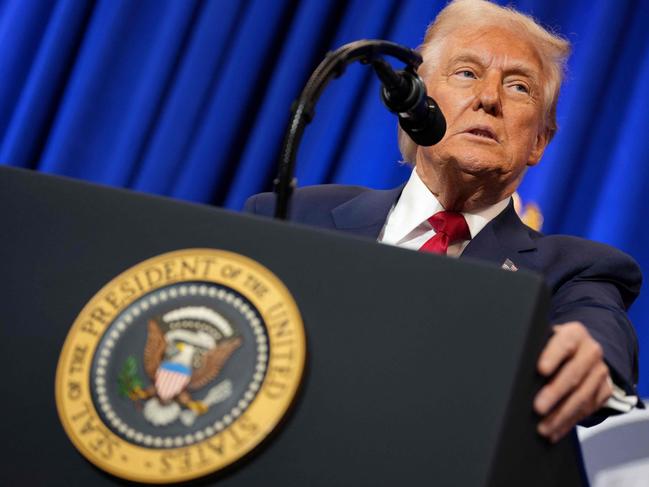 WASHINGTON, DC - MARCH 14: U.S. President Donald Trump speaks at the Justice Department March 14, 2025 in Washington, DC. As he has used the department to punish enemies, Trump is expected to deliver a law and order speech and steps he will take to counter âweaponizationâ of the department.   Andrew Harnik/Getty Images/AFP (Photo by Andrew Harnik / GETTY IMAGES NORTH AMERICA / Getty Images via AFP)