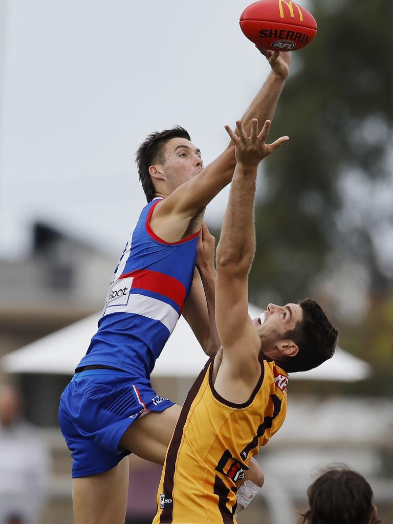 Bulldog Sam Darcy wins the tap over Lloyd Meek of the Hawks. Picture: Michael Klein