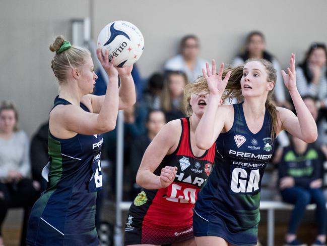 Jane Herrick and Khloe Fanning, Darling Downs Panthers vs Brisbane North Cougars, Ruby Series Netball. Sunday, 14th Jul, 2019.