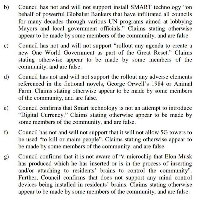 An extract from a motion proposed by Salisbury councillor Beau Brug in response to conspiracy theories circulating in the local community. The motion passed 12-2.