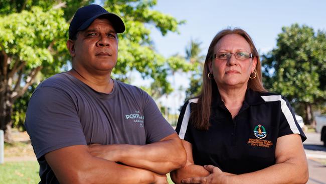 Shawn Lewfatt and Lisa Burkenhagen, two NT Aboriginal Community Police Officers taking the NT government and NT police commissioner to the Australian Human Rights Commission, claiming racial discrimination and racist conduct. Picture: Charlie Bliss