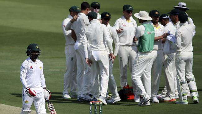 Mohammad Hafeez leaves the field after being dismissed early. Picture: AP