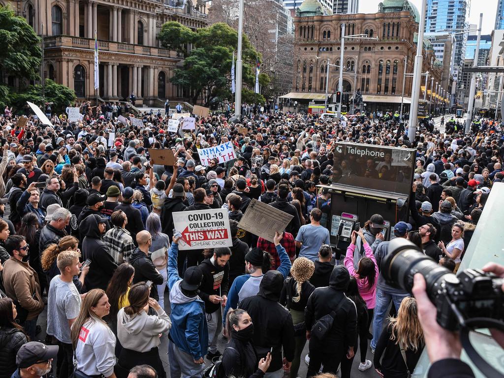 Thousands descend on Sydney’s Town Hall for anti-lockdown protest. Picture: Flavio Brancaleone/NCA NewsWire