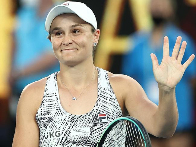 MELBOURNE, AUSTRALIA - JANUARY 23: Ashleigh Barty of Australia celebrates match point in her fourth round singles match against Amanda Anisimova of United States during day seven of the 2022 Australian Open at Melbourne Park on January 23, 2022 in Melbourne, Australia. (Photo by Cameron Spencer/Getty Images)