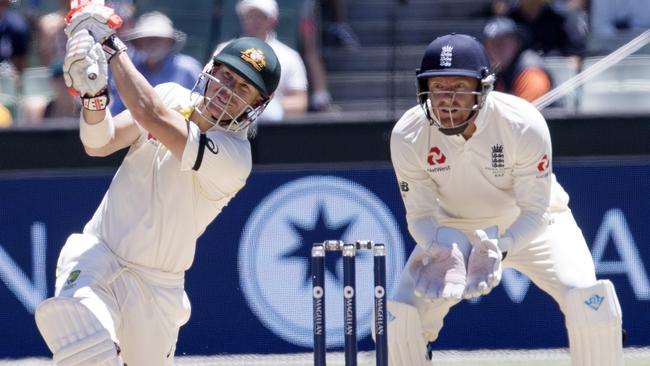 David Warner smashes Moeen Ali for six in the last over before lunch. Picture: Michael Klein