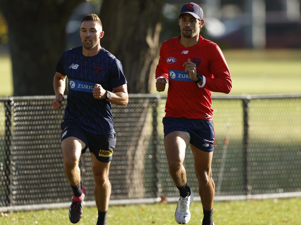 MELBOURNE, AUSTRALIA - MARCH 22: Shane McAdam of the Demons runs laps during a Melbourne Demons AFL training session at Gosch's Paddock on March 22, 2024 in Melbourne, Australia. (Photo by Darrian Traynor/Getty Images)