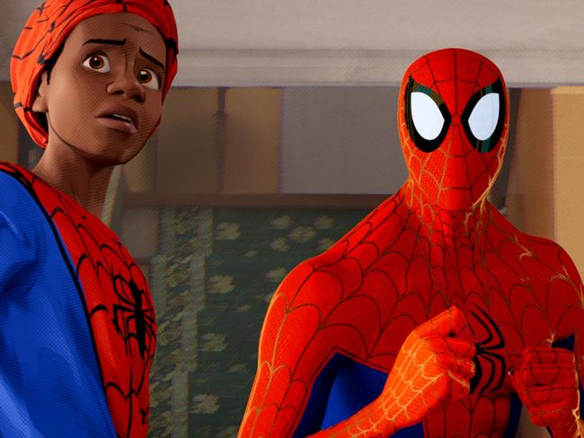 Miles Morales (Shameik Moore), Peter Parker (Jake Johnson) in a scene from Spider-Man: Into the Spider-verse