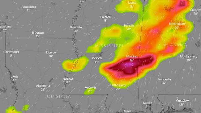 The huge storm barrelled from west to east across Mississippi and into Alabama. Picture: Windy.