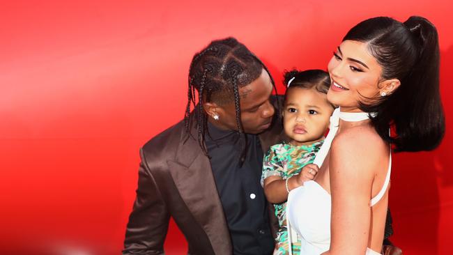 The couple with Wolf’s older sister Stormi in 2019. Picture: Tommaso Boddi/Getty