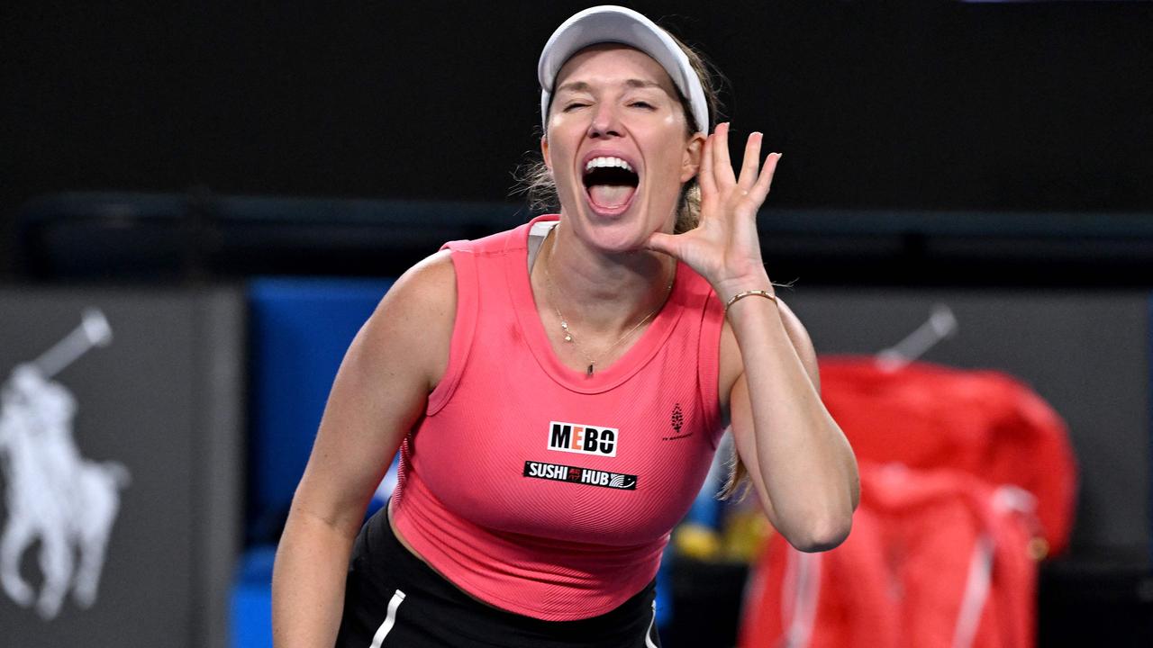 Danielle Collins celebrates victory over Australia's Destanee Aiava at the Aussie Open. (Photo by WILLIAM WEST / AFP)