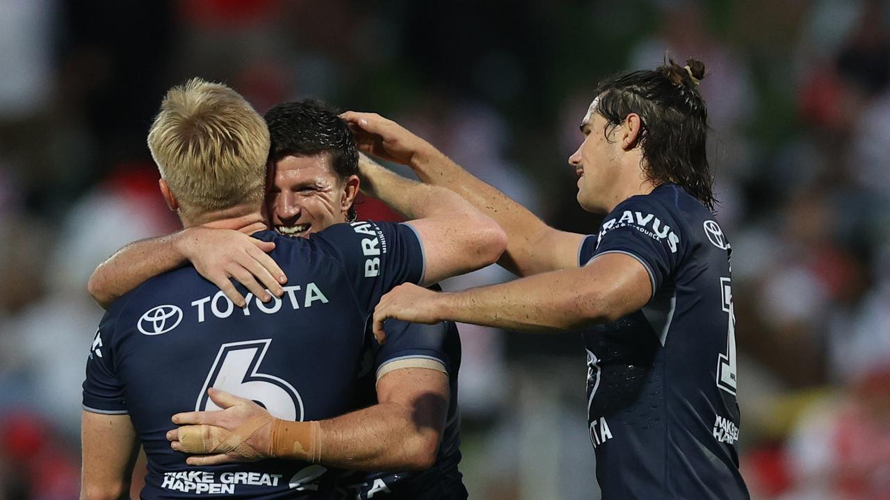 Chad Townsend of the Cowboys celebrates scoring a try during the round three NRL hammering of St George Illawarra. (Photo by Jason McCawley/Getty Images)