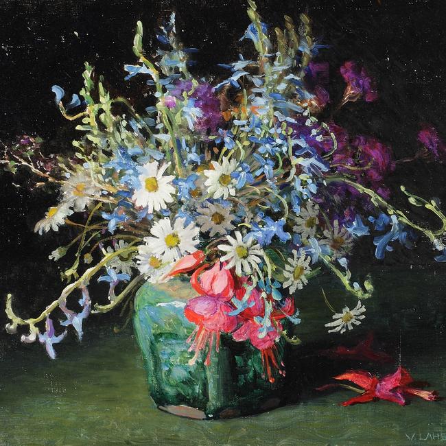 Vida Lahey, Untitled (Still life with fuchsias and ginger jar), c1940, oil on canvas on panel. City of Brisbane Collection, Museum of Brisbane. Photo: Carl Warner