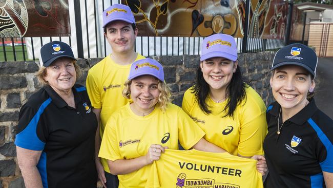 Toowoomba Marathon volunteers (from left) Di Tumbridge, Sam Wickham, Emily Gale, Emilie Coleman and Katherine May from Australian Industry Trade College, Thursday, May 2, 2024. Picture: Kevin Farmer