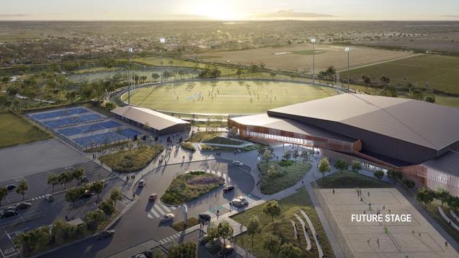 Plans for the Mildura South Regional Sporting Precinct, including outdoor netball courts, the main football oval and the two-storey indoor stadium.